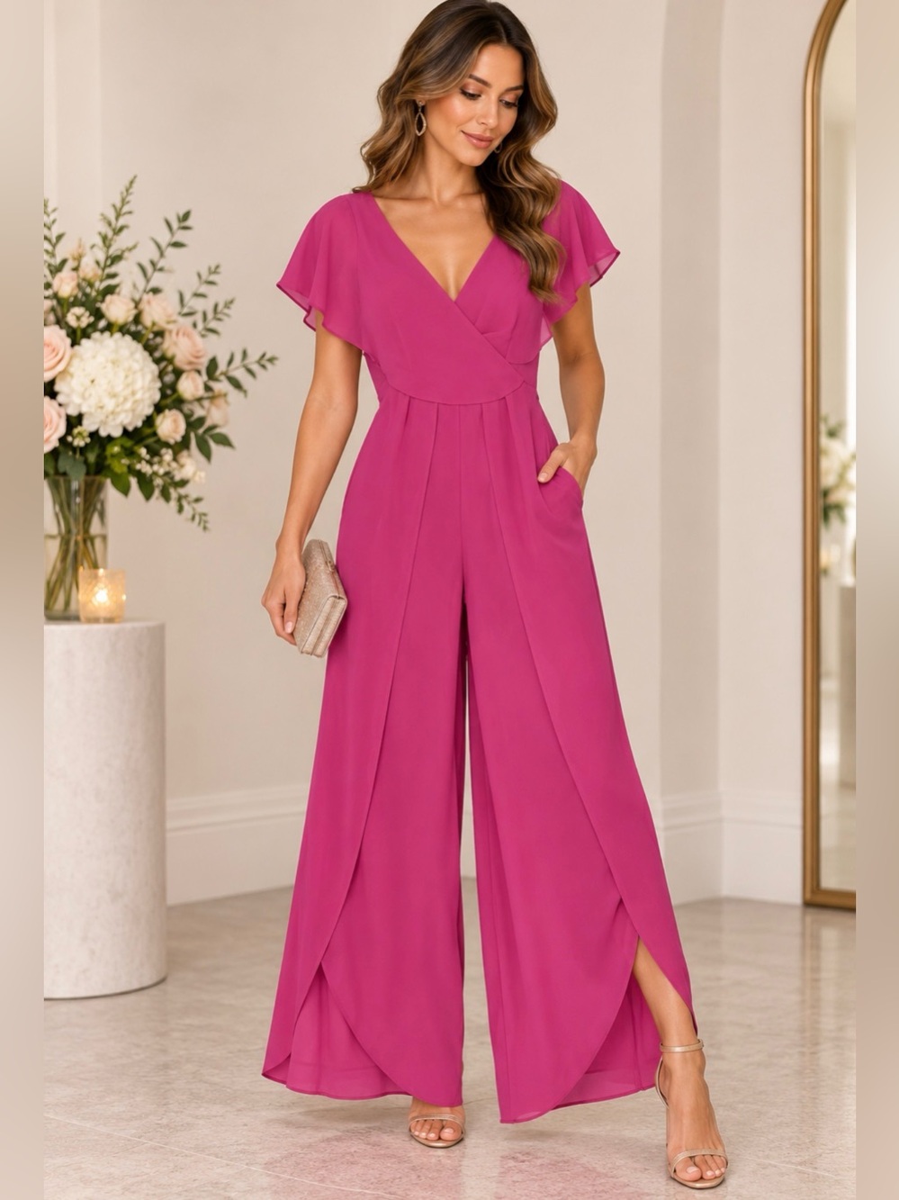 Fuchsia Pink Wrap Flutter Sleeve Wide Leg Jumpsuit